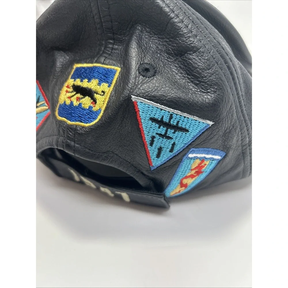 VTG Tuskegee Airman Leather Baseball Cap‎ Hat Black Never Forgotten 1941 Patches
